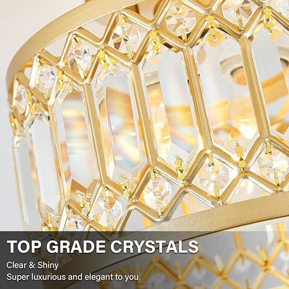 Crystal Ceiling Light Fixture, Modern Semi Flush Mount Light, Gold Lighting Fixtures Ceiling Chandelier for Kitchen, Bedroom, Dining Room, Hallway, 3-Light, 12.2 Inch