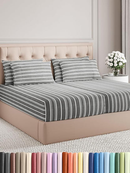 CGK Linens Split King 7 Piece Sheet Set - Cooling Sheets for Hot Sleepers - Hotel Luxury Bedding Set w/ 8-16 Inch Deep Pockets - 1 Flat & 2 Fitted & 4 Pillowcases - Soft & Wrinkle Free - Beige Stripes