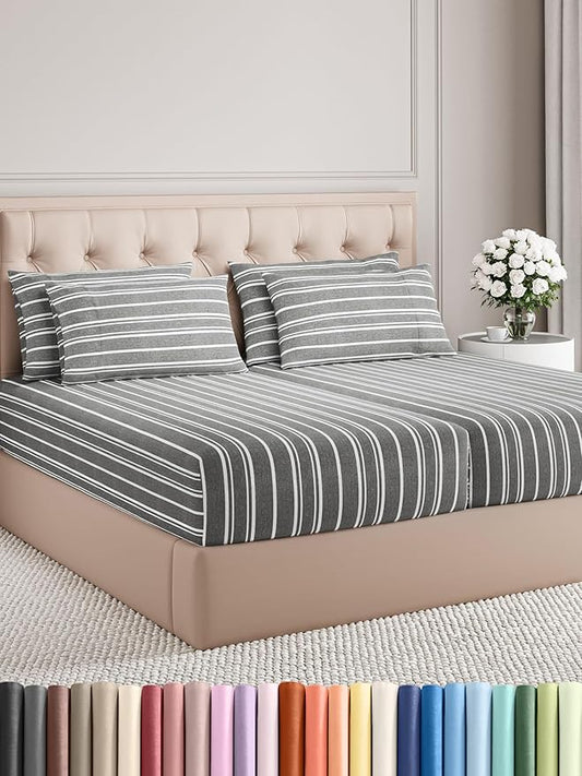 CGK Linens Split King 7 Piece Sheet Set - Cooling Sheets for Hot Sleepers - Hotel Luxury Bedding Set w/ 8-16 Inch Deep Pockets - 1 Flat & 2 Fitted & 4 Pillowcases - Soft & Wrinkle Free - Beige Stripes