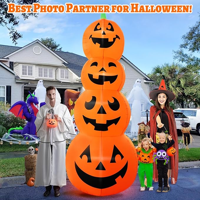 12FT Giant Halloween Inflatable Four-Story Pumpkin Decoration, Blow up Halloween Pumpkins Inflatable Built-in 4 LEDs for Halloween Inflatables Outdoor Decoration Haunted House Party Parade