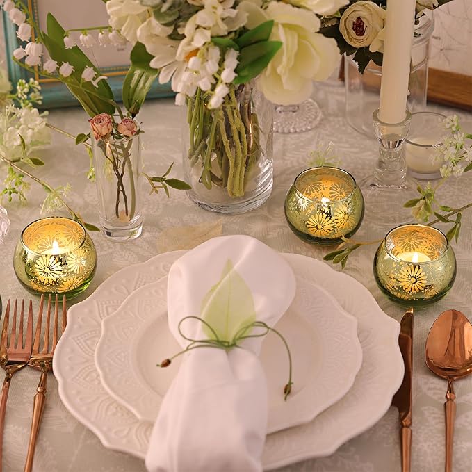 Green Mercury Glass Votive Candle Holders Set of 12, Round Tealight Candle Holders Bulk for Table Centerpieces, Weddings, Shower Gifts, Party Decorations