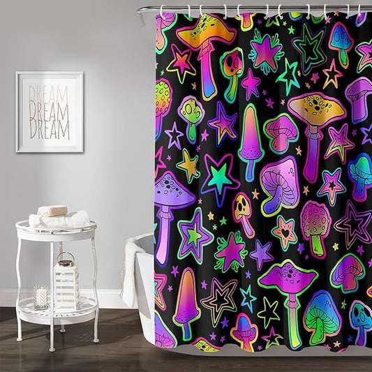 AILONEN Cute Mushroom Window Curtain for Kids,Star Purple Mushroom Curtain for Bathroom Decor,Gradient Mushroom Polyester Waterproof with 12 Plastic Hooks 72" W*78" H