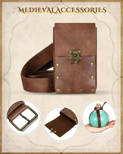 Sweetude 5 Pcs Renaissance Belt Pouch Waist Bag Medieval Skirt Hike Vintage Mug Strap Festival Cork Potion Bottle Leather Belt for Halloween Cosplay Party DIY Crafts Costume Accessory (Brown)