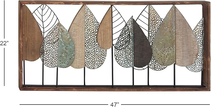 Deco 79 Wood Leaf Home Wall Decor Cutout Wall Sculpture with Green and Black Metal Wire Accents, Wall Art 47" x 3" x 22", Brown