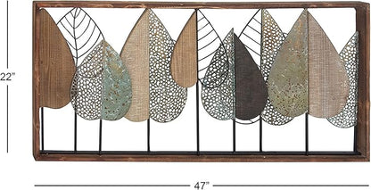 Deco 79 Wood Leaf Home Wall Decor Cutout Wall Sculpture with Green and Black Metal Wire Accents, Wall Art 47" x 3" x 22", Brown