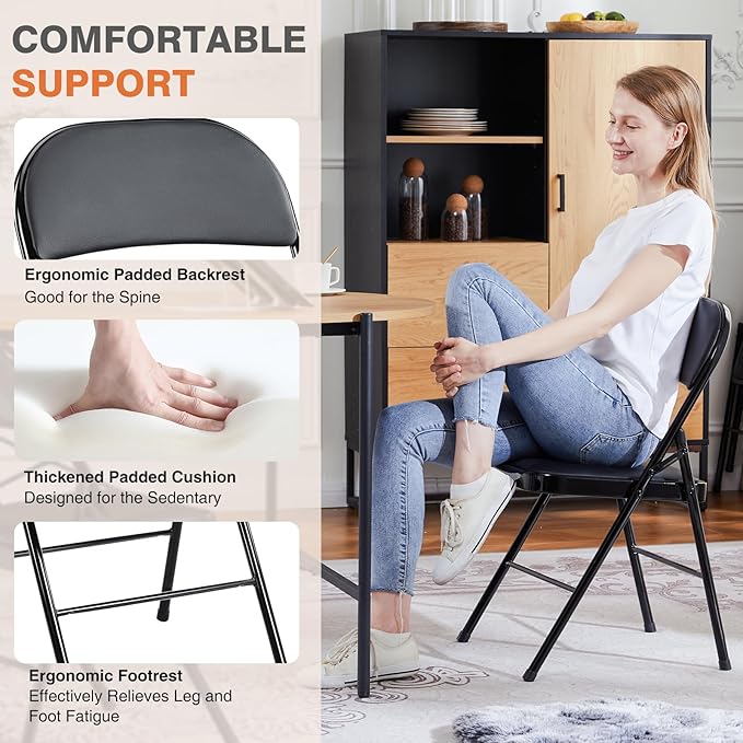 Sweetcrispy Folding Chair 8 Pack, Leather Padded Folding Chairs, Sturdy Metal Foldable Chairs, Easy to Use and Store, Outdoor and Indoor, for Home, Office, Party, Comfy