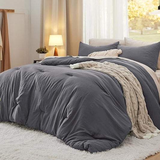 Bedsure King Size Comforter Set, Dark Grey Soft Prewashed Bedding for All Seasons, 3 Pieces GentleSoft™ Warm Down Alternative Bed Set, 1 Lightweight Comforter (104"x90") and 2 Pillowcases (20"x36")