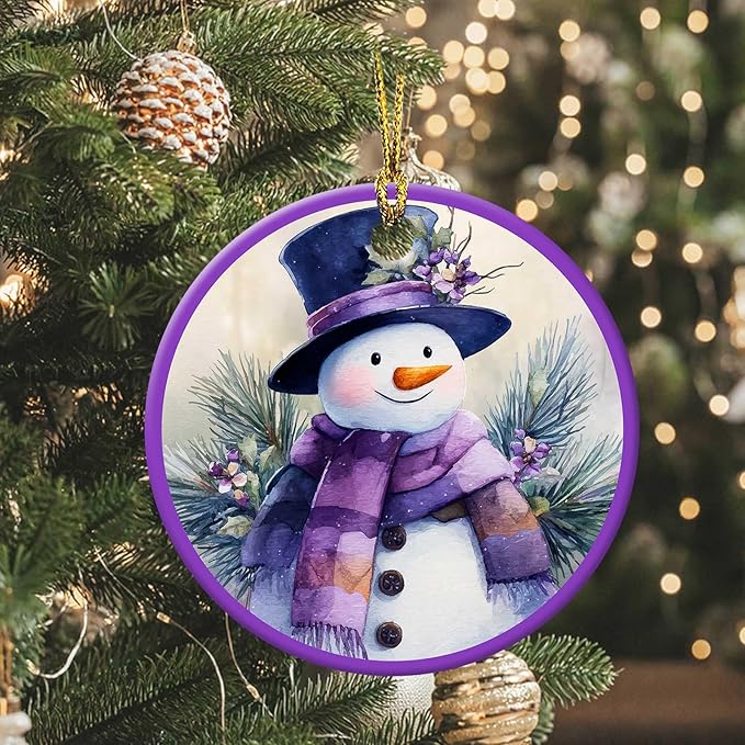 Snow Gentleman Ornaments Winter Holiday Round Ceramic Purple Hanging Ornament Christmas Keepsake Decor for Xmas Tree Winter Holiday Xmas Gift for Women Men 3"