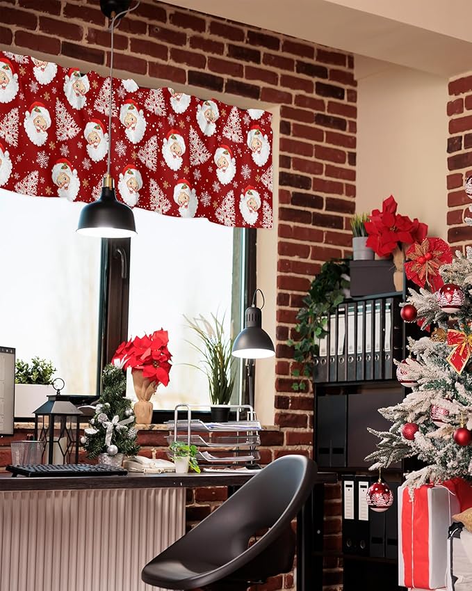 Red Christmas Valance Curtains for Kitchen Windows Santa Claus Merry Christmas Tree Rod Pocket Window Treatment Toppers for Kitchen/Living Room/Bedroom/Bathroom, 60" X 18", Winter Snowflake