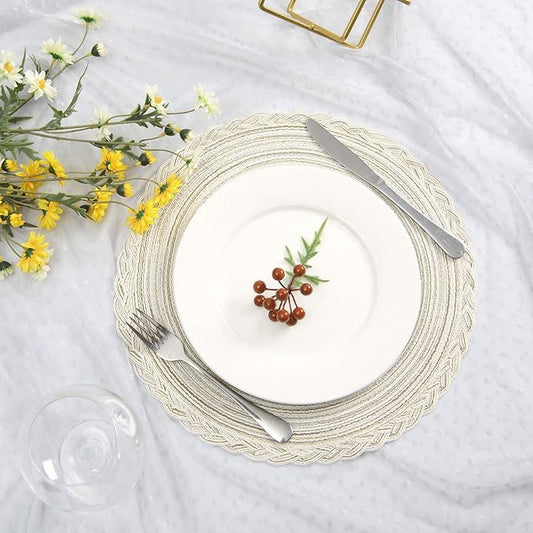 SHACOS Round Placemats Set of 6 Boho Braided Bordered Placemats 15 inch for Dining Tables Wedding Holiday Party (Ivory Bordered, 6)