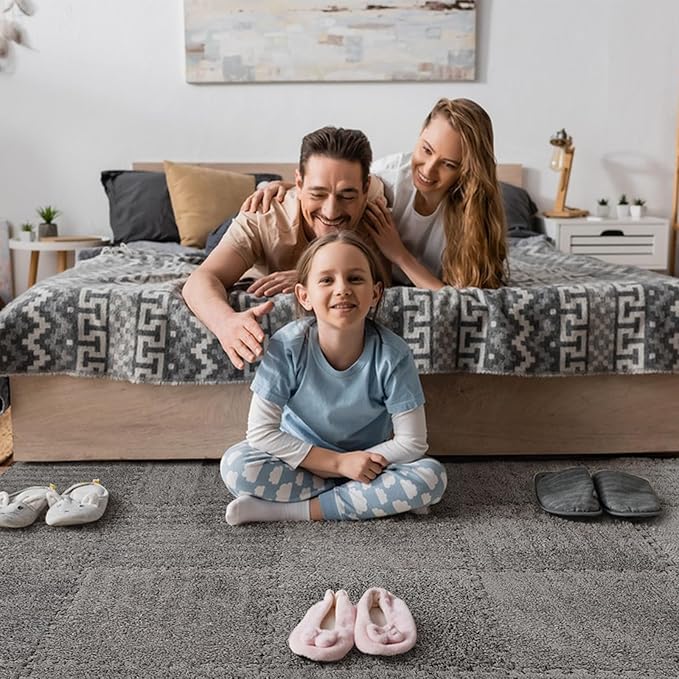 12pcs Interlocking Carpet Tiles Plush with 12 Edgings 4 Rug Tapes, Protective Soft Foam Carpet Puzzle Play Mats for Kids Room Floor 11.8 x 11.8 Inch, Grey
