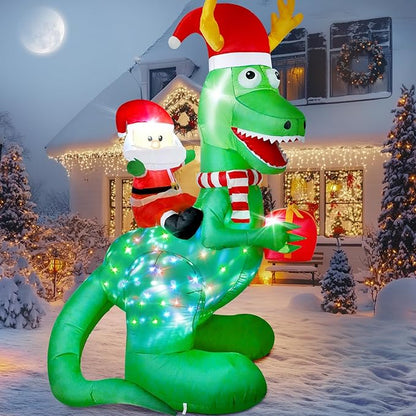 8ft Christmas Inflatables Dinosaur Outdoor Decorations with Bright LED and Disco Light, Santa Claus Riding Dinosaur Holding Gift Box, Outside Blow Up Decor for Xmas Holiday Party Yard Garden