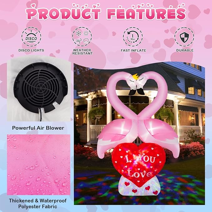 6FT Valentines Day Inflatables Couple's Swan with Love Heart, LED Lighted Valentines Blow up Yard Decorations, Romantic Valentines Day Decor for Party Anniversary Wedding Propose Garden Lawn