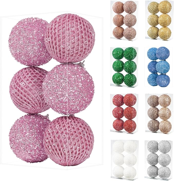 6pcs 3.94" Christmas Ball Ornaments Glitter Shatterproof Christmas Tree Ornaments Sequin Xmas Hanging Balls Decorations for Wedding Party Holiday(Pink)