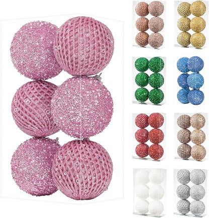 6pcs 3.94" Christmas Ball Ornaments Glitter Shatterproof Christmas Tree Ornaments Sequin Xmas Hanging Balls Decorations for Wedding Party Holiday(Pink)