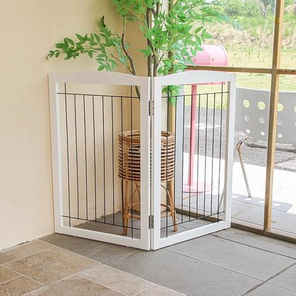 ZJSF Freestanding Foldable Dog Gate - Extra Wide Wooden White Puppy Gate - 2 Panels Pet Fence