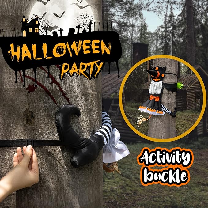 Crashing Witch Decor, Halloween Decorations Clearance Outdoor Witch Props Ornaments, Hanging into Tree/Porch Pole/Door/Indoor/Yard, with Adjustable Band, Outside Garden Funny Witches Flying Crashed
