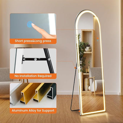 Sweetcrispy Arched Full Length Mirror with LED Lights, 60"x16" Lighted Floor Mirror with Stand, Dimming & 3 Color Lighting, Stand for Bedroom, Dressing Room