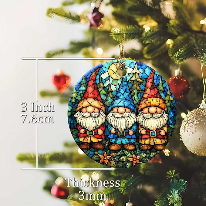 Christmas Gnome Ornament Round Ceramic Stained Glass Style Ornament Xmas Keepsake for Christmas Tree Winter Holiday Xmas Gift for Women Men Xmas Hanging Ornament 3"