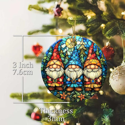 Christmas Gnome Ornament Round Ceramic Stained Glass Style Ornament Xmas Keepsake for Christmas Tree Winter Holiday Xmas Gift for Women Men Xmas Hanging Ornament 3"