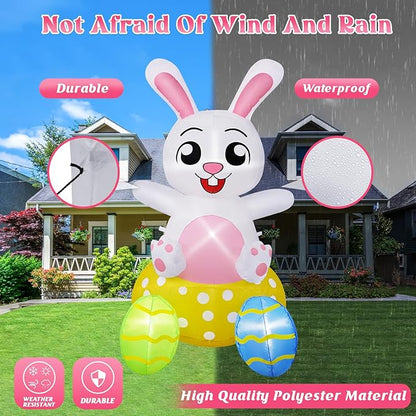 B&D 4FT Easter Inflatables Outdoor Decorations, Blow Up Inflatable Bunny Sits on Colorful Eggs Built-in LED Lights Happy Easter Yard Decorations for Holiday Party Indoor Outdoor Garden Lawn Decor