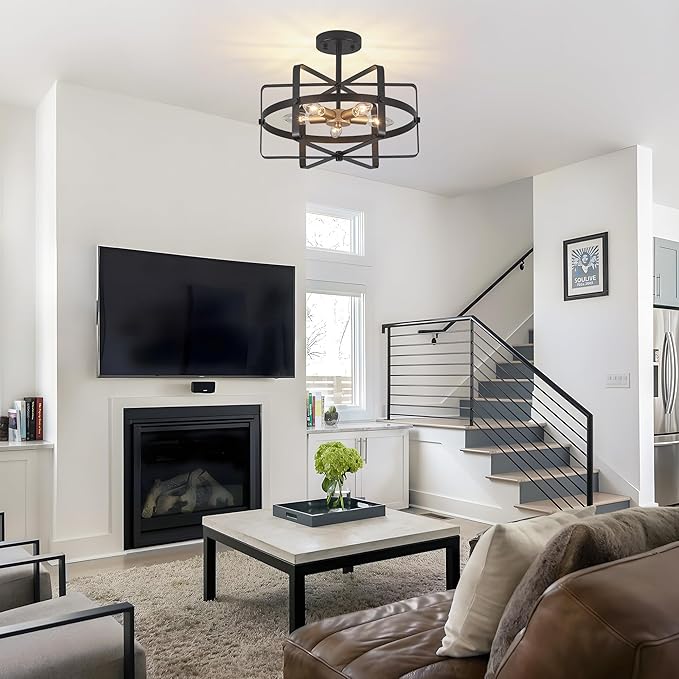 5-Light Farmhouse Semi Flush Mount Ceiling Light, 12.6'' Modern Black and Gold Ceiling Light Fixture Industrial Lighting Fixture for Entryway Hallway Foyer Dining Room Kitchen Bedroom
