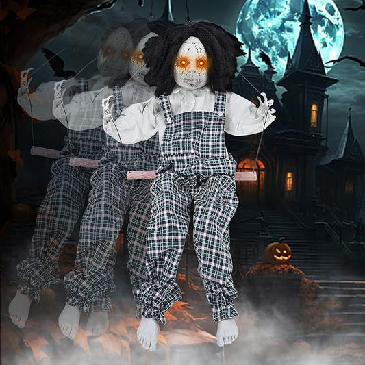 Prsildan Hanging Halloween Decorations Outdoor Swing Boy, Halloween Animatronic Scary Decor Life-Size Halloween Props with Creepy Sounds Motion for Outside Indoor Trees Yard