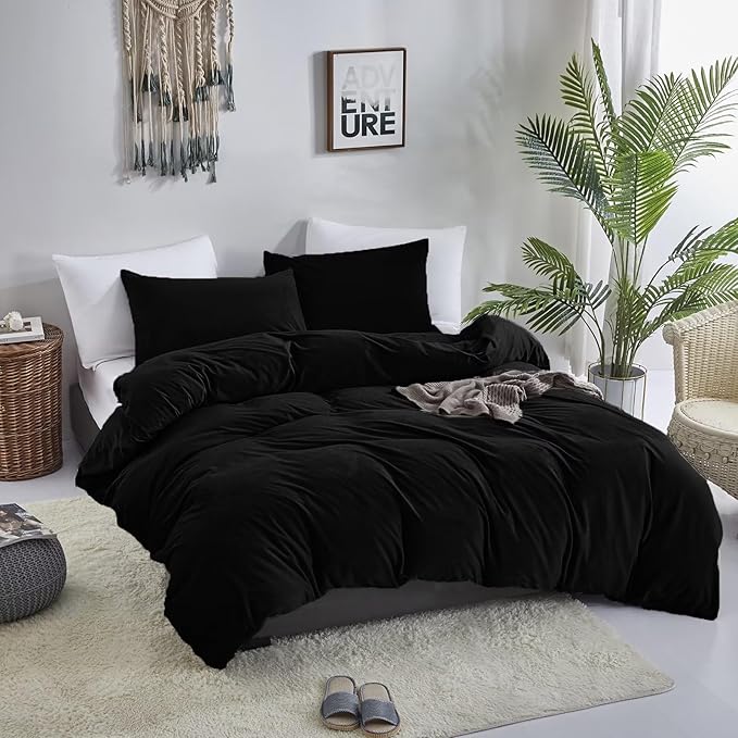 Cottonight Velvet Comforter Set Queen Black Flannel Bedding Comforter Set Dark Color All Black Plush Fluffy Blanket Quilts Modern Winter Warm Thick 3 Piece Soft Solid Black Bedding Set for Women Men