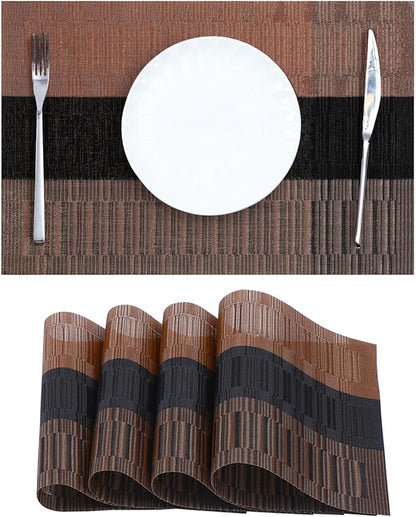 Leetaltree Brown with Black Striped Placemats Set of 4 - Heat Resistant Non-Slip Place mats for Dining Table, Washable Durable PVC Vinyl Woven Table Mats（Brown Stripe, 4）