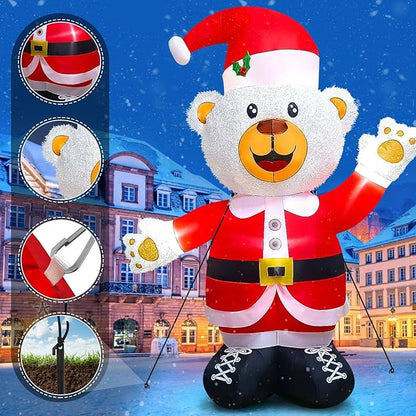 Kalolary 8FT Christmas Inflatable Fluffy Bear with LED Light, White & Red, Plush Fabric, Wind Resistant, Christmas Fluffy Bear Decoration
