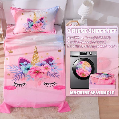 VIVILINEN Twin Size Bed Sheets Set for Kids Girls 3 Piece Pink Unicorn Kids Sheets Set Toddler Twin Bedding Set Include Flat Sheet, Deep Pocket Fitted Sheet and Pillowcase