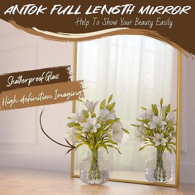 Full Length Mirror, 58"x21" Arch Floor Mirror, Floor Standing Freestanding Full Body Mirror with Stand for Bedroom, Hanging Mounted for Living Room Cloakroom, Gold