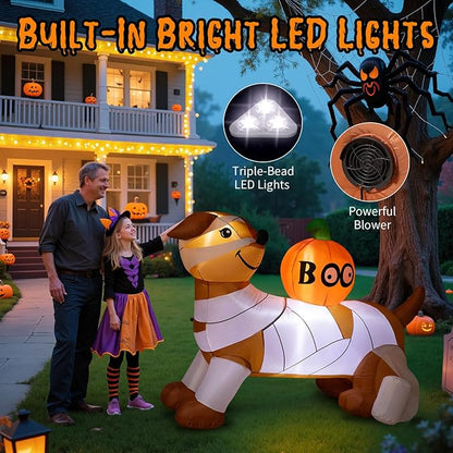 Dawdix 5FT Halloween Inflatables Mummy Dog Outdoor Decoration, Funny Blow Up Puppy Wrapped in Toilet Paper with Boo Pumpkin, Lighted Yard Dachshund Decor, Halloween Blow Up for Lawn, Garden, Porch