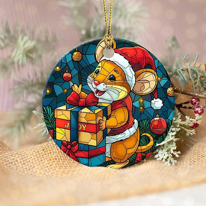 Christmas Mouse Ornament Round Ceramic Stained Glass Style Ornament Joy Xmas Keepsake for Christmas Tree Winter Holiday Xmas Gift for Women Men Xmas Hanging Ornament 3"