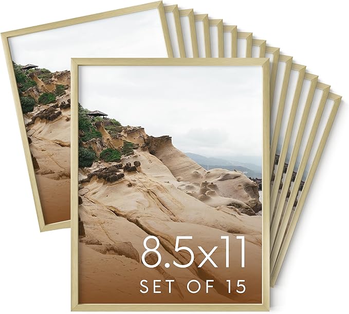 HAUS AND HUES 8.5x11 Gold Metal Picture Frames - Features Premium Aluminum, Vertical & Horizontal Hang, Shatterproof Plexiglass - Perfect for Home, Room, Office (8.5x11 in, Gold, Set of 15)