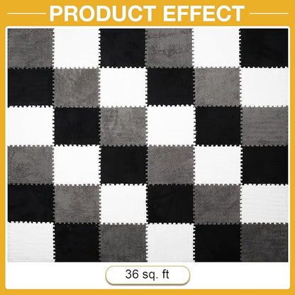 36 Pcs Plush Interlocking Carpet Tiles for Toddler Baby, Non-Toxic Foam, Machine-Washable, Anti-Slip, EVA Foam for Floor, Nursery, Playroom, Grey White Black