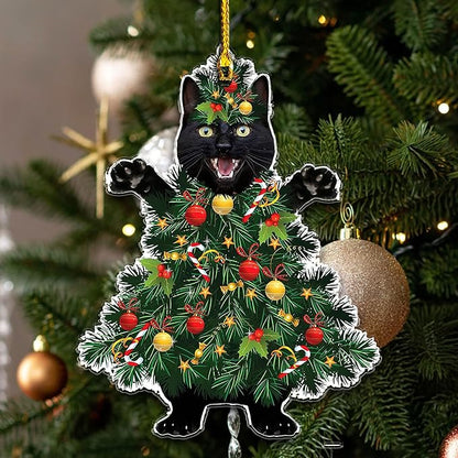 Black Cat Acrylic Christmas Ornament - Fun Holiday Decoration for Pet Owners - Festive Tree Ornament with Black Cat in a Christmas Tree Design