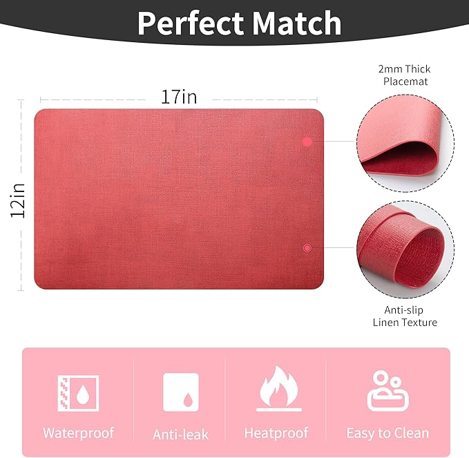 Maxpearl Faux Leather Placemats Set of 6 - Waterproof - Wipe Clean - Heat Resistant - Anti Slip Dining Table Place Mats, Suitable for Indoor & Outdoor Use, 17’’x12’’, Red