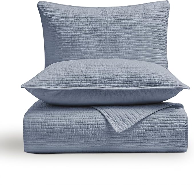 Wonderful Linen Cotton Quilt Set King Size, 100% Cotton Back and Filling, 3 Piece Pre-Washed Blue Bedding Cover, Wave Stitched Bedspread Coverlet Bedding Set 3-Piece for All Seasons, 104"x94"