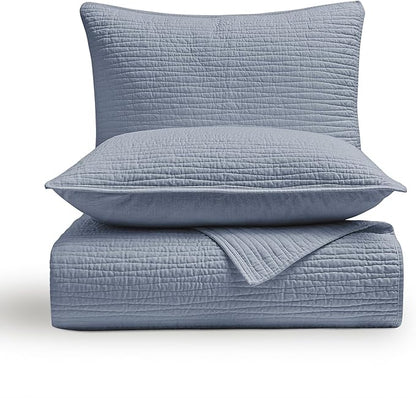 Wonderful Linen Cotton Quilt Set Queen Size, 100% Cotton Back and Filling, 3 Piece Pre-Washed Blue Bedding Cover, Wave Stitched Bedspread Coverlet Bedding Set 3-Piece for All Seasons, 94"x94"