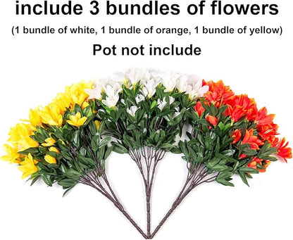 Artificial Fall Flowers for Outdoors, 3 Bundles Fake Azalea Bouquet Faux Flower Plants Outside Decor UV Resistant Realistic Silk Flowers for Planter Porch Front Door Patio Garden Walkways Home, Mix