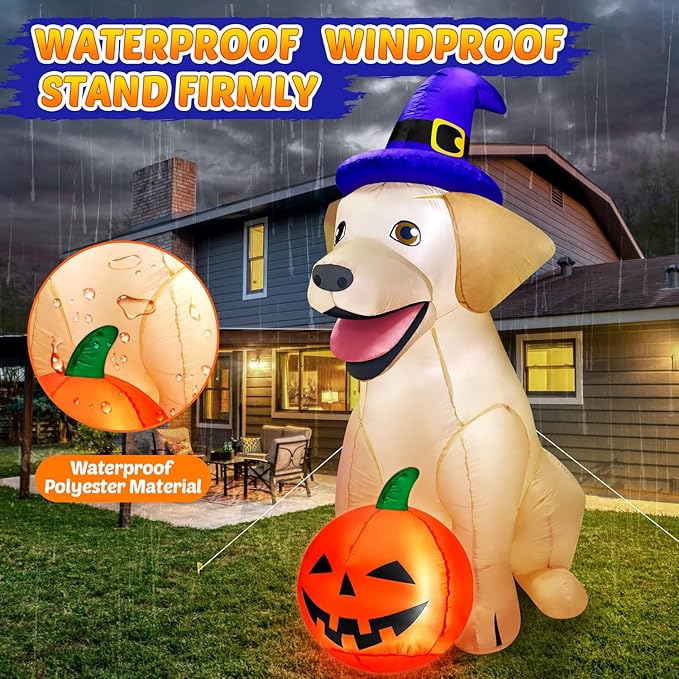 5Ft Halloween Inflatables Decorations Outdoor Vivid Lab Dog with Build-in Bright LED Blow Up Yard Decoration with Witch Hat Halloween Decorations Outdoor for Holiday Party Indoor Garden Lawn Home