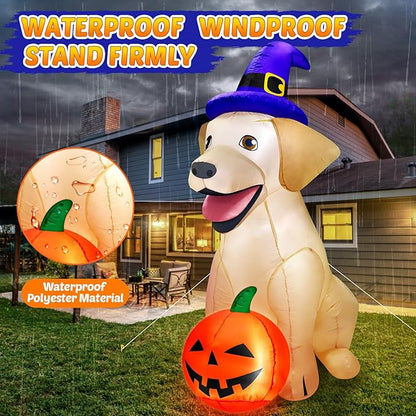 5Ft Halloween Inflatables Decorations Outdoor Vivid Lab Dog with Build-in Bright LED Blow Up Yard Decoration with Witch Hat Halloween Decorations Outdoor for Holiday Party Indoor Garden Lawn Home