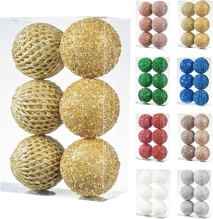 6pcs 3.94" Christmas Ball Ornaments Glitter Shatterproof Christmas Tree Ornaments Sequin Xmas Hanging Balls Decorations for Wedding Party Holiday(Gold, 6pc-10cm)