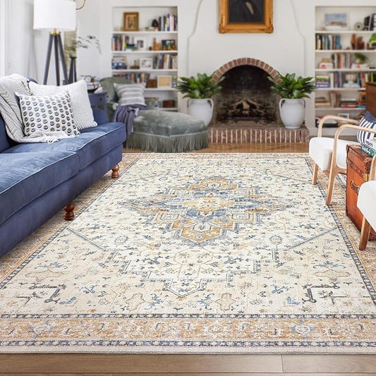 Multicolor Area Rug 6x9 Washable Vintage Woven Bright Color Boho Mid Modern Century Eclectic Rug for Bedroom Living Room Kids Playroom,6 x 9,Orange and Blue