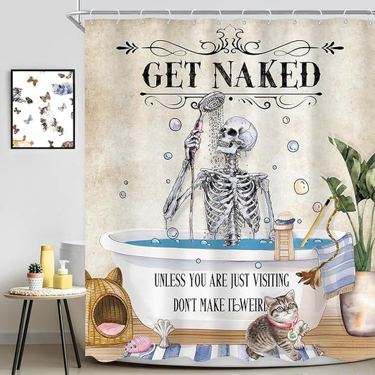 Funny Skull Skeleton Shower Curtain 60Wx72L Inch Gothic Spooky Cute Cat Cool Unique Bone in Bathtub Retro Horror Scary Bathroom Set Halloween Plant Bath Curtain Bathtub Accessories Home Decor