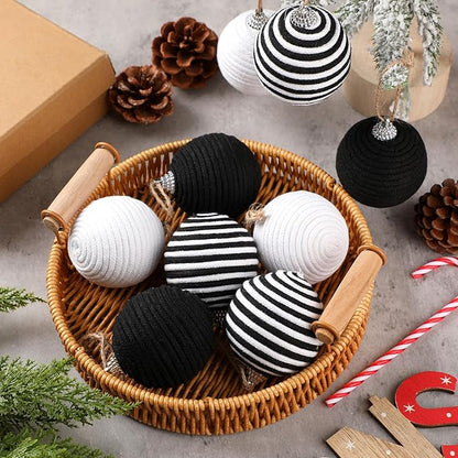 Syhood 9 Pcs 2.36 Inch Christmas Ball Ornaments Boho Farmhouse Jute Rope Hanging Balls Burlap Neutral Rustic Ornaments for Xmas Tree Holiday Wreath Garland Wedding Home(Black, White, Black and White)