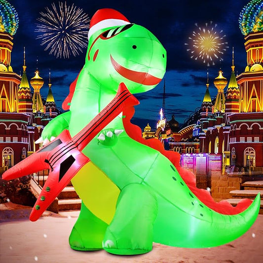 DomKom 8FT Christmas Inflatable Decorations Dinosaur with Guitar, Giant Outdoor LED Lights Holiday Blow up Rex Yard Decoration for Holiday Party Outdoor Garden Yard Lawn Winter Décor