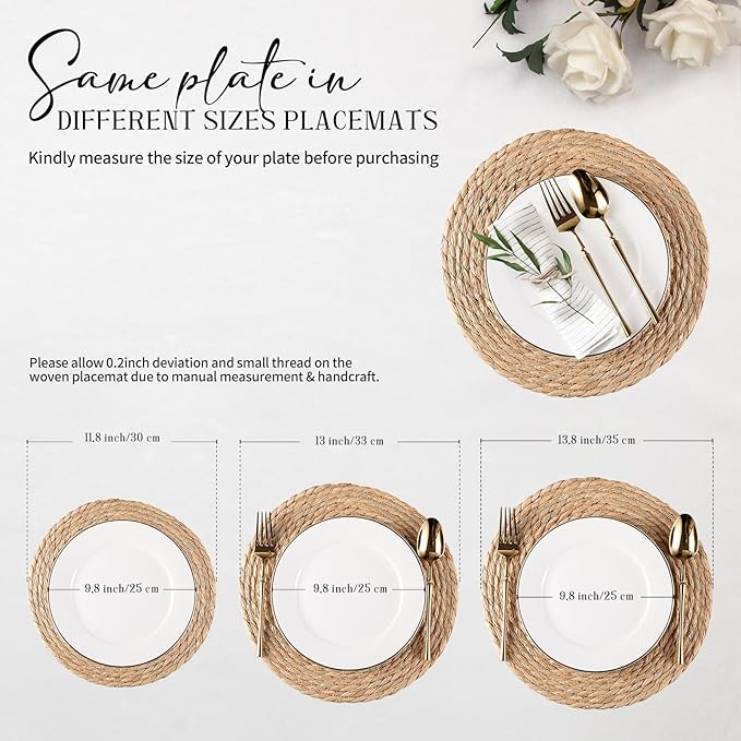 Round Woven Placemats Set of 6, Natural Water Hyacinth Place mats, 13.8 inch Rattan Placemats Wicker Placemats Farmhouse Boho Braided Heat Resistant Outdoor Placemat Patio Table Place Mats