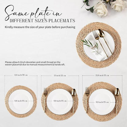 Round Woven Placemats Set of 6, Natural Water Hyacinth Place mats, 13.8 inch Rattan Placemats Wicker Placemats Farmhouse Boho Braided Heat Resistant Outdoor Placemat Patio Table Place Mats